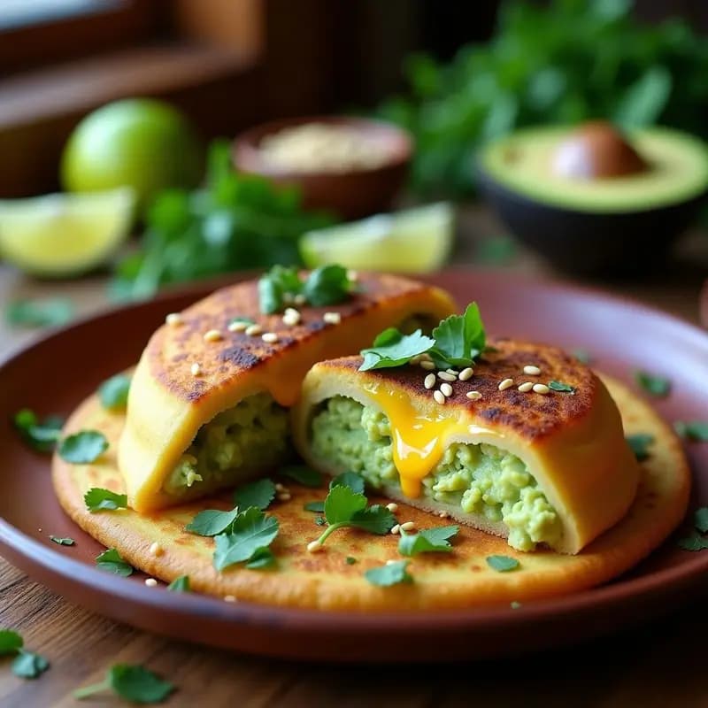 Arepa de maíz azul recién hecha, cortada por la mitad y rellena de queso vegano derretido y aguacate cremoso, espolvoreada con cilantro fresco y semillas de sésamo, sobre un plato de barro con fondo rústico.
