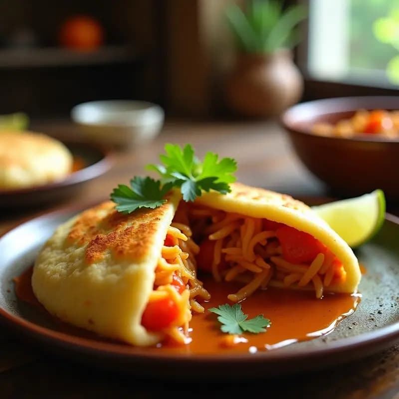 Arepa de maíz blanco dorada y esponjosa abierta por la mitad, rellena de desmechada de palmito vegana jugosa y aromática, acompañada de cilantro fresco y rodajas de limón sobre un plato de barro rústico.