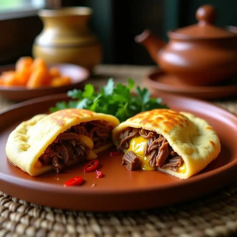 Arepa dorada de maíz blanco abierta por la mitad, rellena de desmenuzado de res jugoso en salsa criolla y queso de mano derretido, sobre un plato rústico de barro con cilantro fresco y rodajas de ají al lado. Desayuno colombiano-venezolano tradicional.