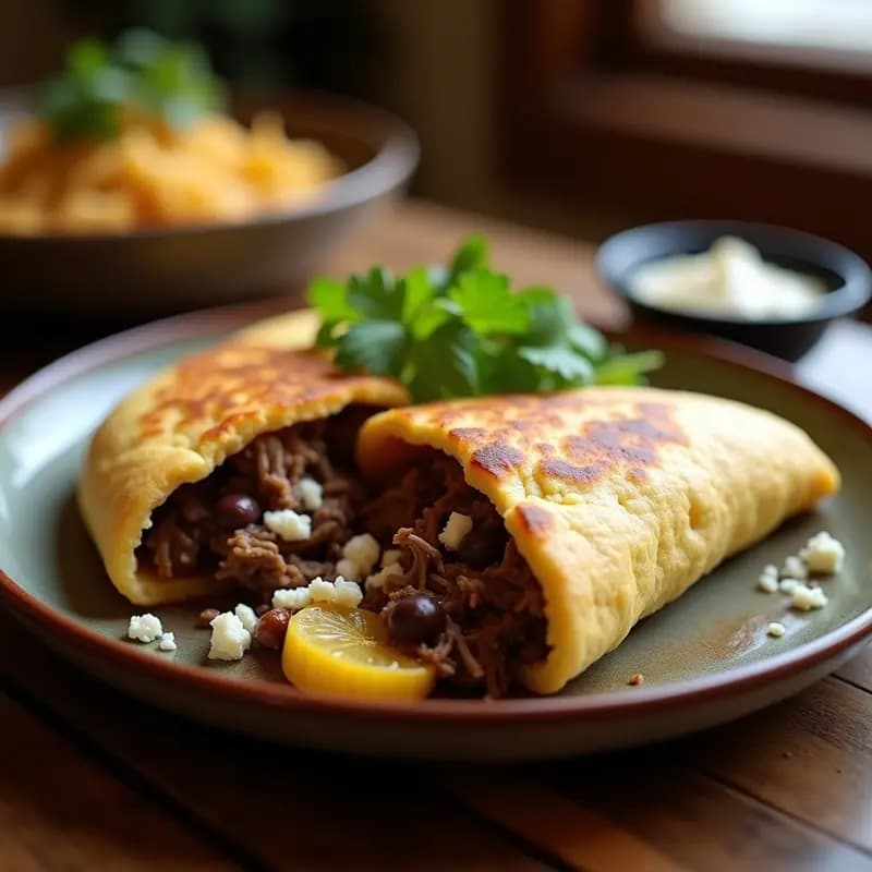 Arepa de maíz blanco dorada y esponjosa rellena de pabellón criollo tradicional: carne mechada jugosa, frijoles negros, queso blanco desmenuzado y tajadas de plátano maduro crujientes, servida en plato rústico.