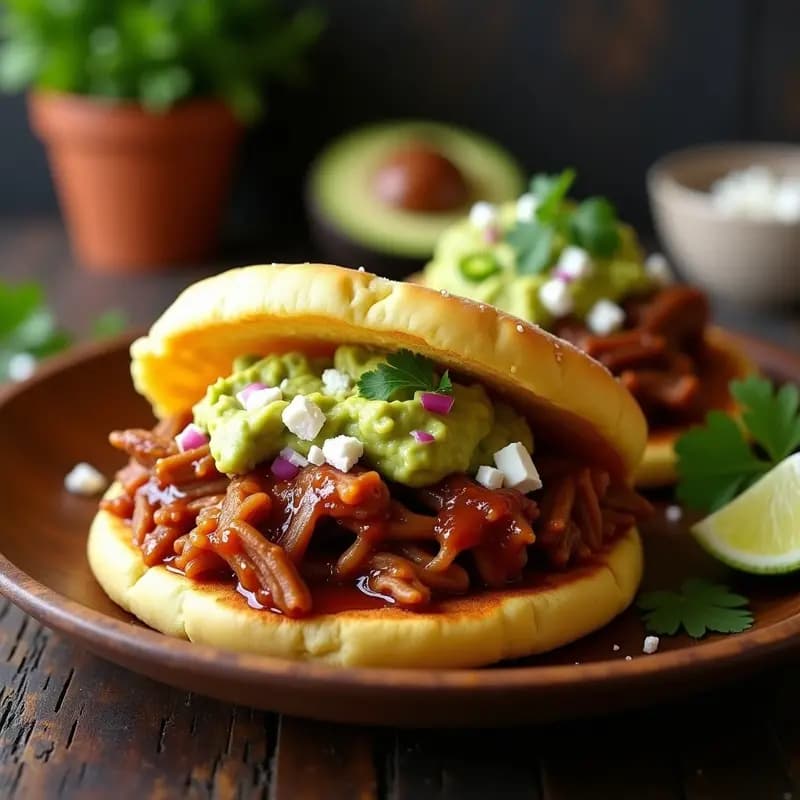 Arepa dorada de maíz blanco cortada por la mitad, rellena de pulled pork jugoso con salsa barbacoa, guacamole cremoso y queso blanco desmenuzado, servida en plato rústico con fondo de madera.