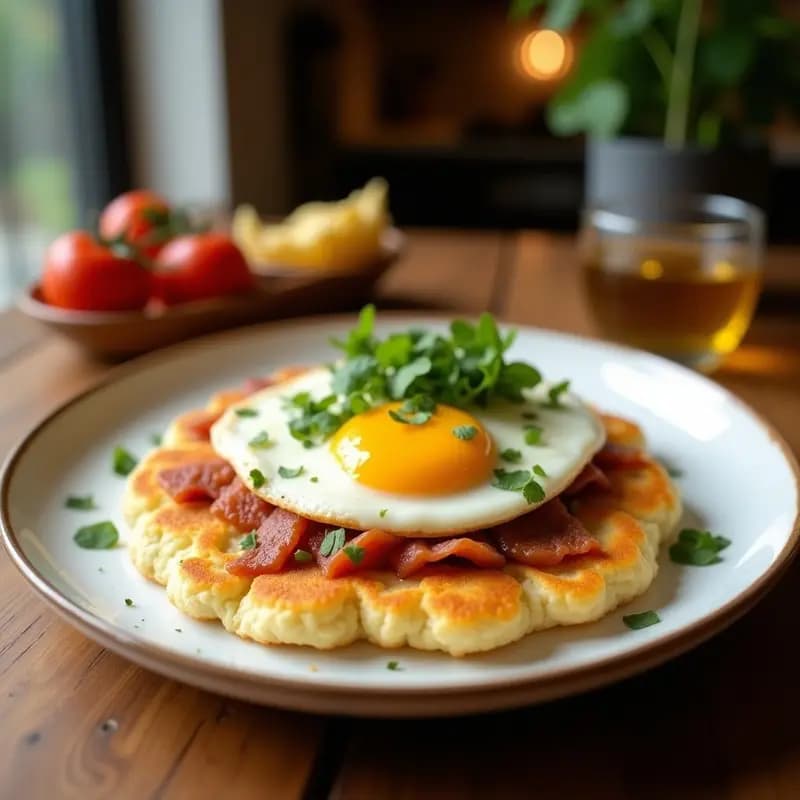 Arepa de maíz blanco dorada abierta por la mitad, rellena de queso de burro derretido y coronada con un huevo poché de yema líquida, decorada con cilantro fresco y un toque de mantequilla clarificada sobre un plato rústico de barro.