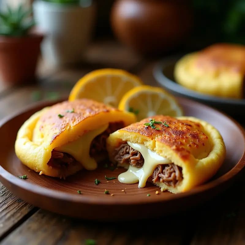 Arepa de maíz blanco dorada y crujiente abierta por la mitad, rellena de carne desmechada jugosa, queso blanco derretido, aceitunas y alcaparras, sobre una plancha humeante, receta venezolana tradicional.