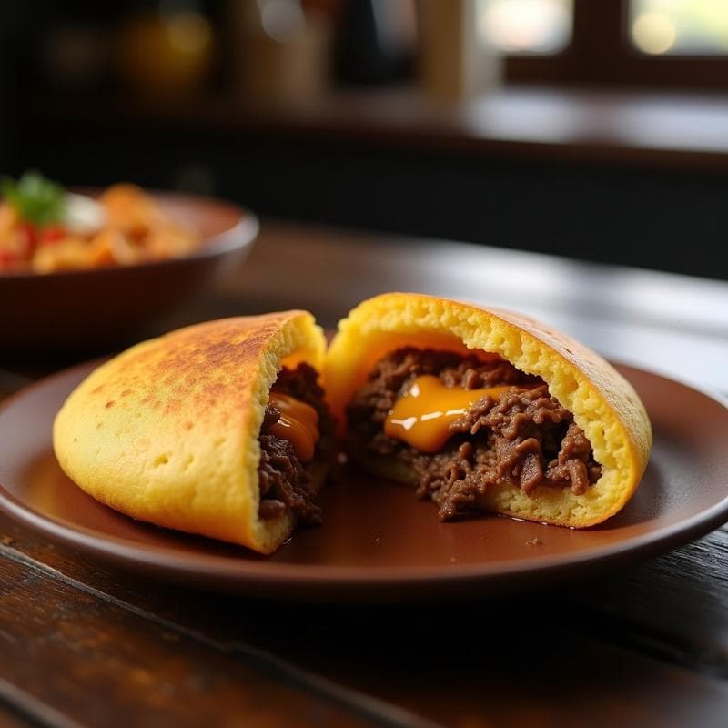 Arepa colombiana de pan de maíz dorado rellena de carne mechada jugosa y queso fundido, cocinada en olla lenta, servida en plato rústico con fondo de madera.