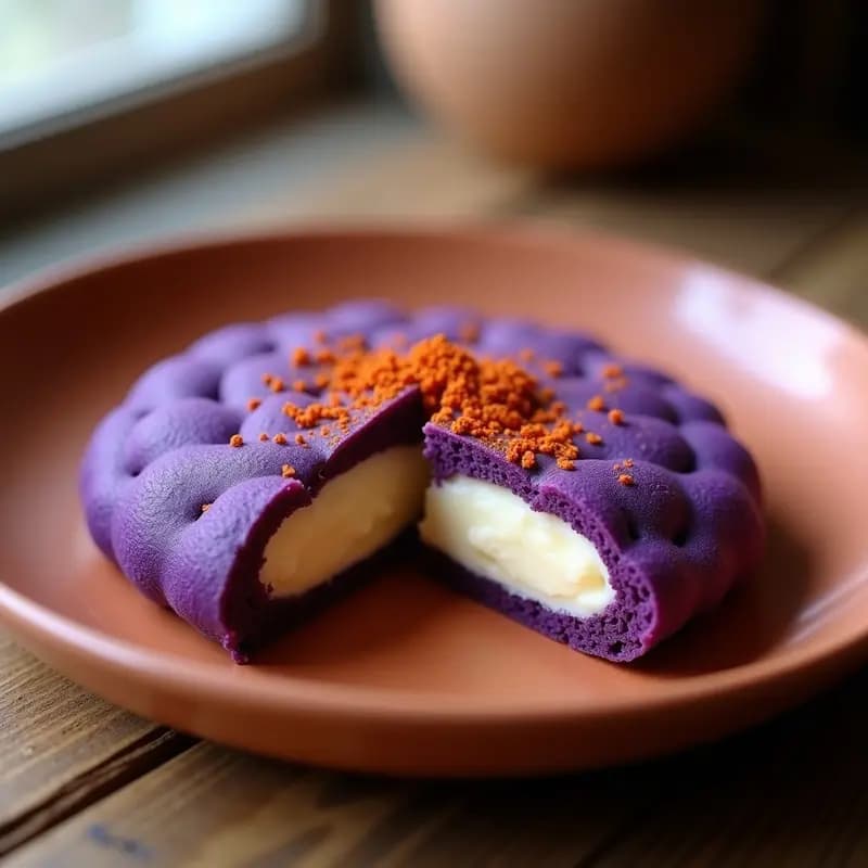 Arepa de maíz morado abierta por la mitad, rellena de queso cremoso de almendras, con un color violeta intenso y textura esponjosa, servida en plato rústico de barro con fondo de madera.