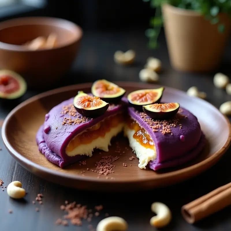 Arepa de maíz morado cortada por la mitad, rellena de queso cremoso de anacardos y higos caramelizados dorados, con un toque de pimienta rosa. Plato rústico con fondo de madera oscura, receta venezolana sin lactosa.