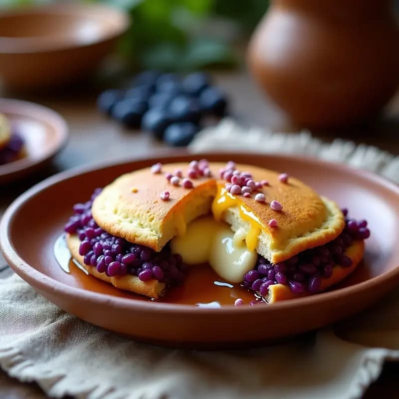 Arepa de maíz morado con corteza dorada y crujiente, rellena de queso de cabra derretido, servida en un plato de barro con un hilo de miel de abeja y pimienta rosa, sobre un mantel de lino rústico con frutos rojos de fondo.