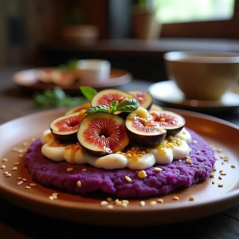 Arepa de maíz morado cortada por la mitad, rellena de queso feta desmenuzado y higos frescos en cuartos, con un hilo de miel dorada y semillas de sésamo espolvoreadas. Plato rústico de madera con fondo borroso de cocina tradicional colombiana.