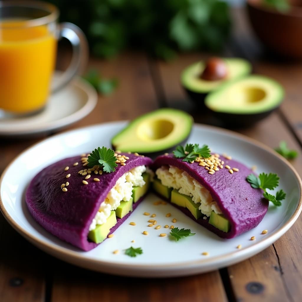Arepa de maíz morado rellena de queso fresco y aguacate, con un color púrpura intenso, servida en un plato blanco con cilantro fresco. Receta de desayuno venezolano en airfryer.