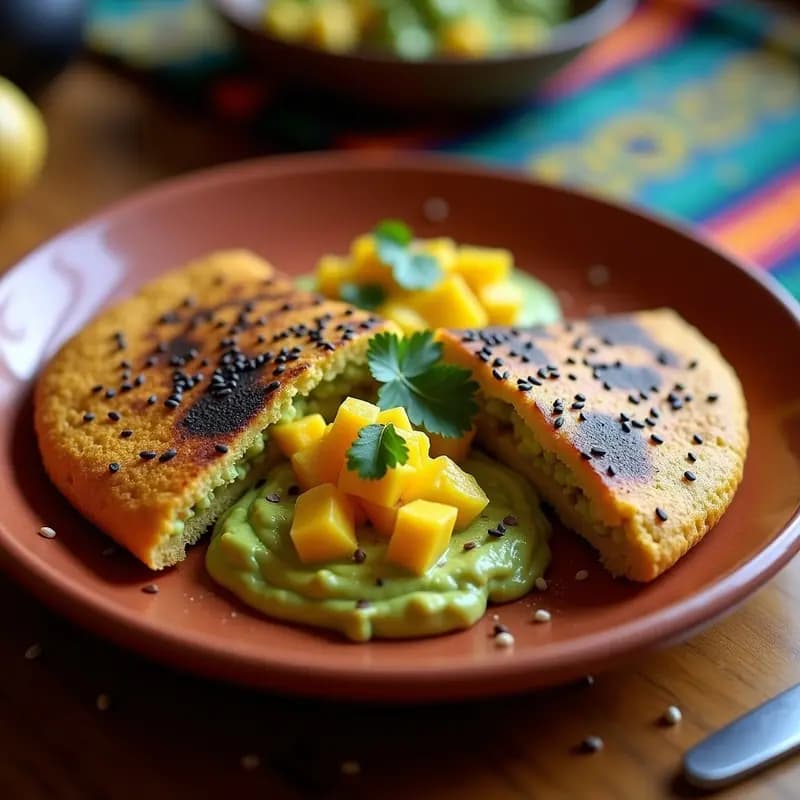Arepa de maíz negro dorada con semillas de sésamo, abierta por la mitad y rellena de guacamole cremoso de mango, decorada con cilantro fresco y pimienta de cayena sobre un plato de barro rústico.