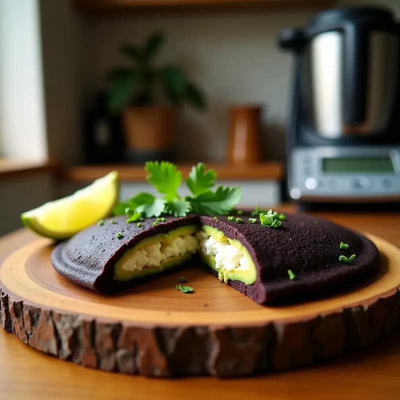 Arepa de maíz negro dorada y esponjosa abierta por la mitad, rellena de queso de burro desmenuzado y aguacate cremoso, decorada con cilantro fresco. Receta colombiana en Thermomix.