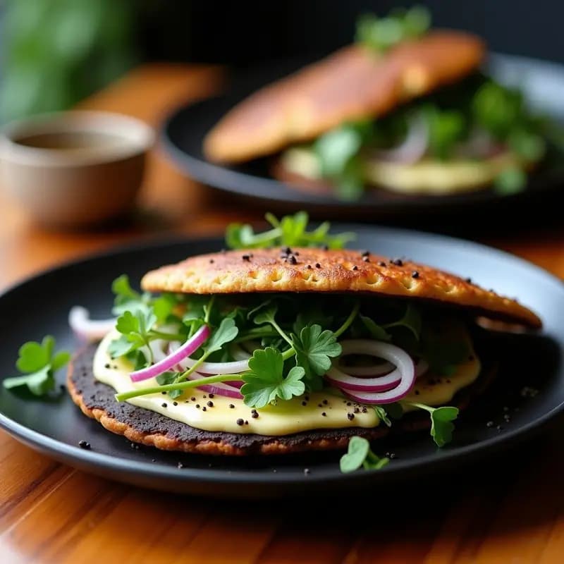 Arepa de maíz negro abiertas por la mitad, rellenas de queso de cabra semiduro derretido y higueretas salteadas con cebolla morada, sobre un plato de cerámica negra con fondo rústico de madera. Receta colombiana gourmet.
