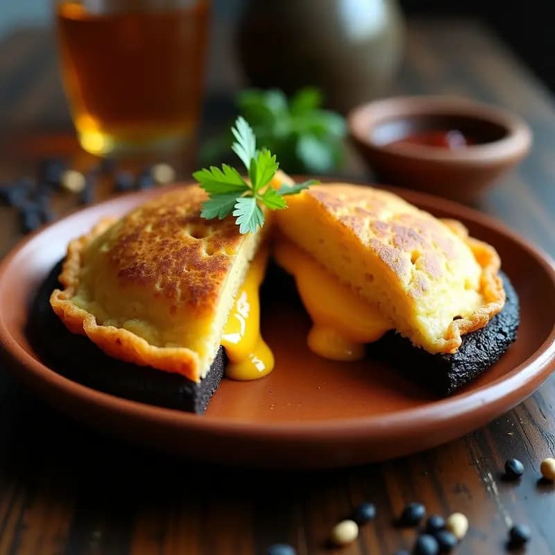 Arepa dorada de maíz negro con vetas oscuras, cortada por la mitad mostrando su interior esponjoso y relleno de queso vegano derretido. Acompañada de cebolla morada picada y cilantro fresco sobre un plato de barro rústico, con fondo de plancha de hierro humeante.