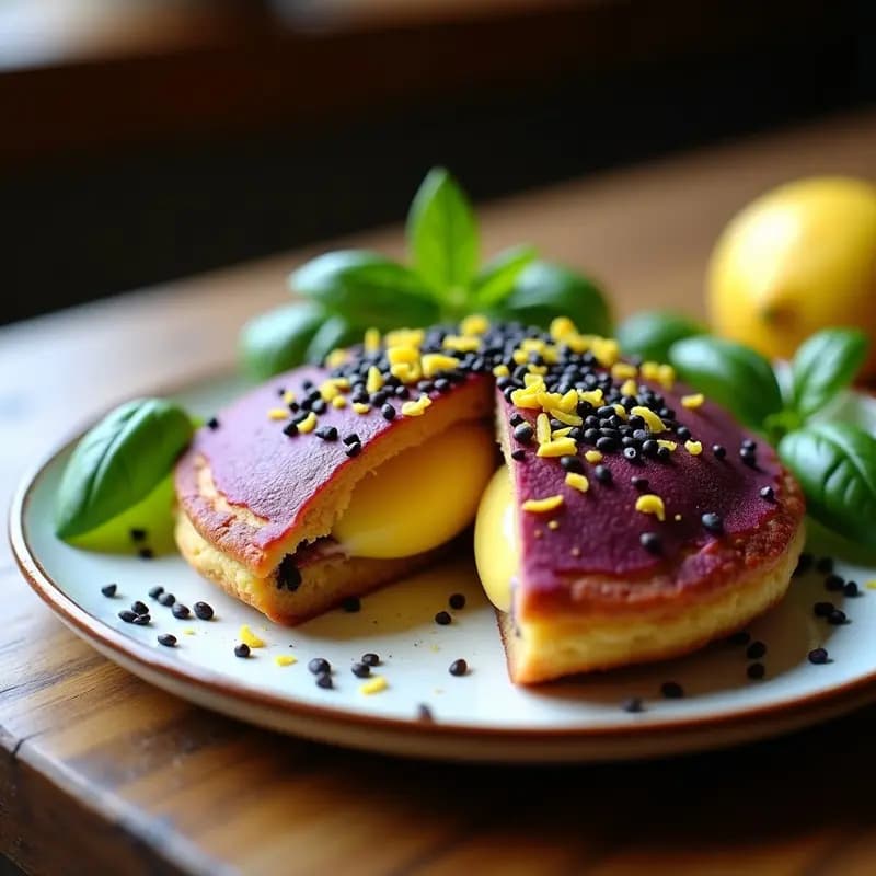 Arepa de maíz pigmentado morado abierta por la mitad, rellena de queso de búfala derretido y hojas de albahaca fresca, con textura dorada y crujiente por fuera, servida en plato de cerámica rústica sobre fondo de madera oscura.