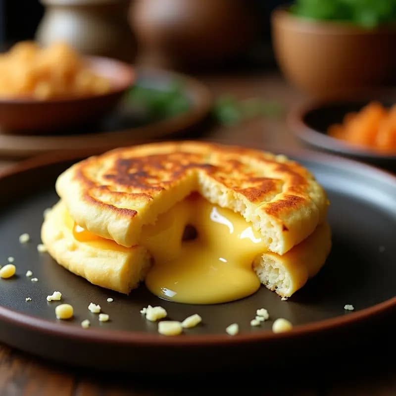 Arepa venezolana de maíz pilado dorada y crujiente, rellena de queso de burro derretido, servida en plato de barro con fondo rústico.