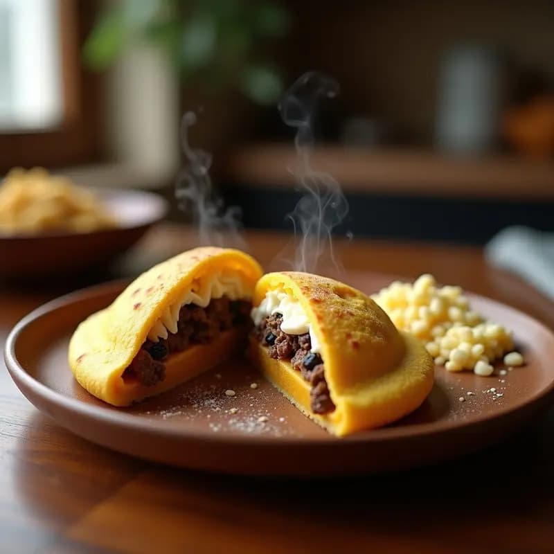 Arepa venezolana dorada y esponjosa de maíz pilado, abierta por la mitad mostrando su relleno abundante de carne mechada, frijoles negros, arroz y queso de mano derretido, acompañada de rodajas de plátano maduro asado y hojas de culantro fresco sobre un plato de barro rústico.