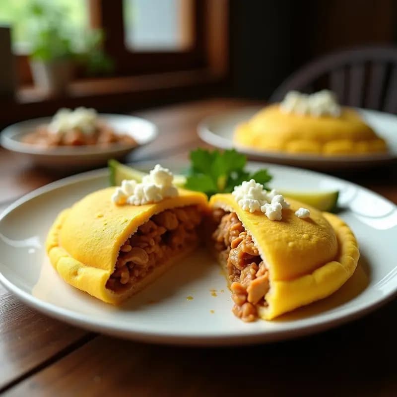 Arepa dorada de maíz amarillo cortada por la mitad, rellena de pollo desmechado jugoso con especias y queso blanco desmenuzado, servida en plato de cerámica blanca con fondo rústico.
