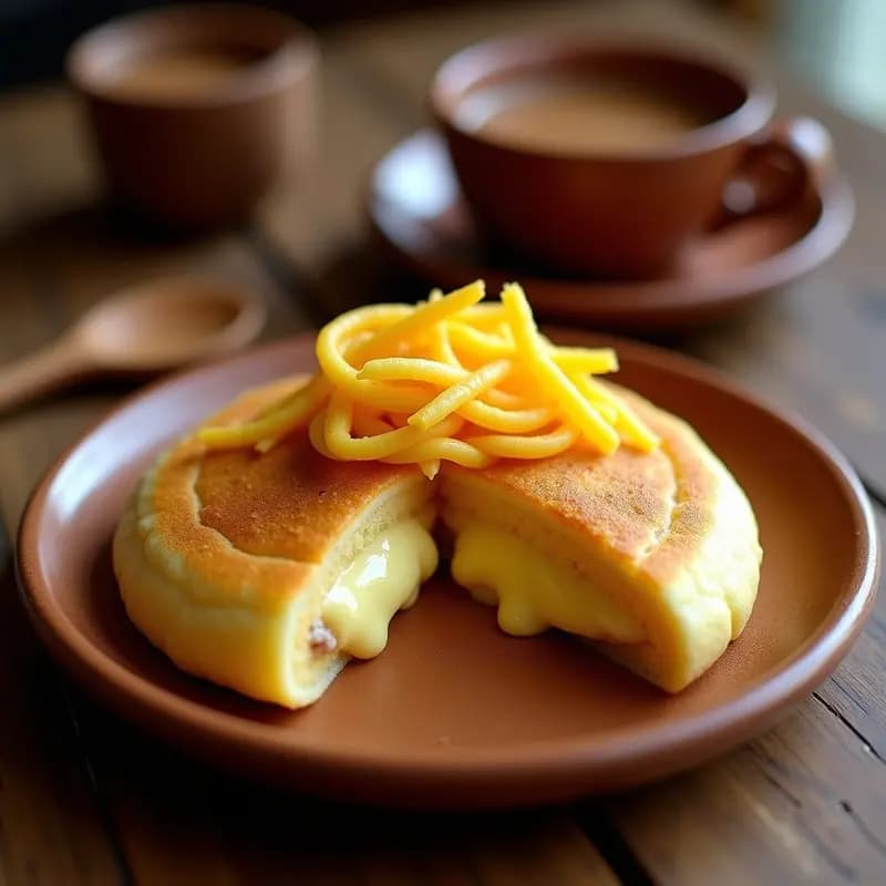Arepa dorada de maíz ternero cortada por la mitad, rellena de queso de pasta desmenuzado y trozos de queso carita derretido, servida en plato de barro con fondo rústico, desayuno colombiano tradicional.