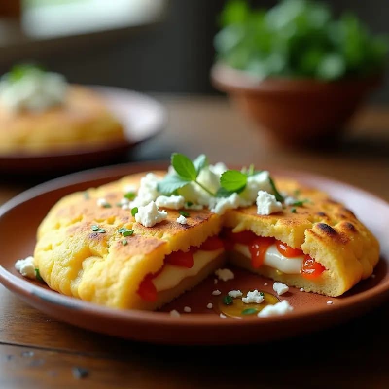 Arepa de maíz tierno dorada por fuera, abierta por la mitad y rellena de una mezcla cremosa de requesón blanco con trozos de chipotle rojo, decorada con cilantro fresco y cebolla morada picada sobre un plato de barro rústico.