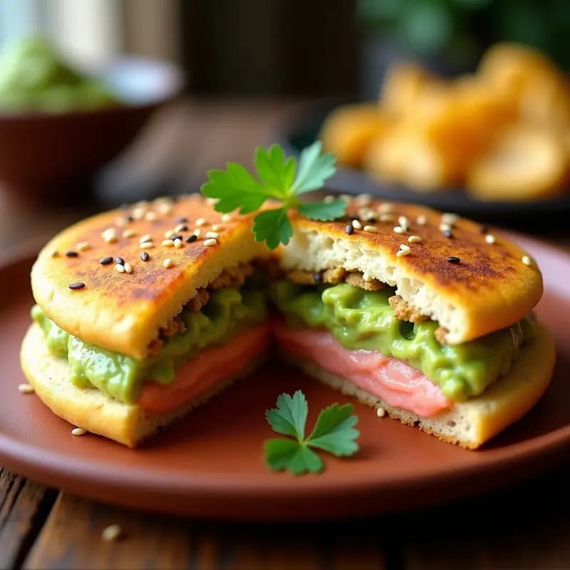Arepa colombiana de maíz tierno dorada con semillas de sésamo, rellena de guacamole cremoso verde y salsa rosa suave, decorada con cilantro fresco sobre un plato de barro rústico.