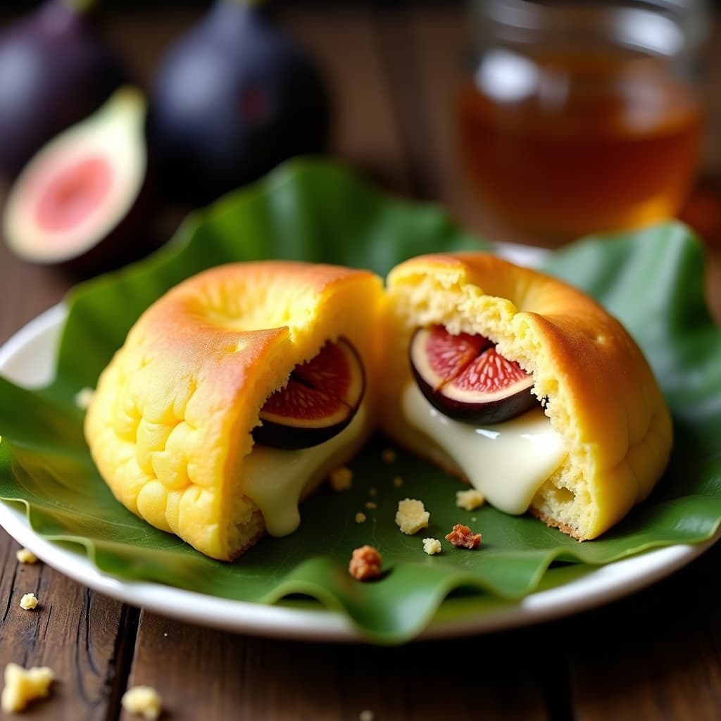 Arepa de maíz tierno dorada y esponjosa cortada por la mitad, rellena de queso de burro derretido y rodajas de higo maduro, servida sobre hoja de bijao con fondo rústico de madera.