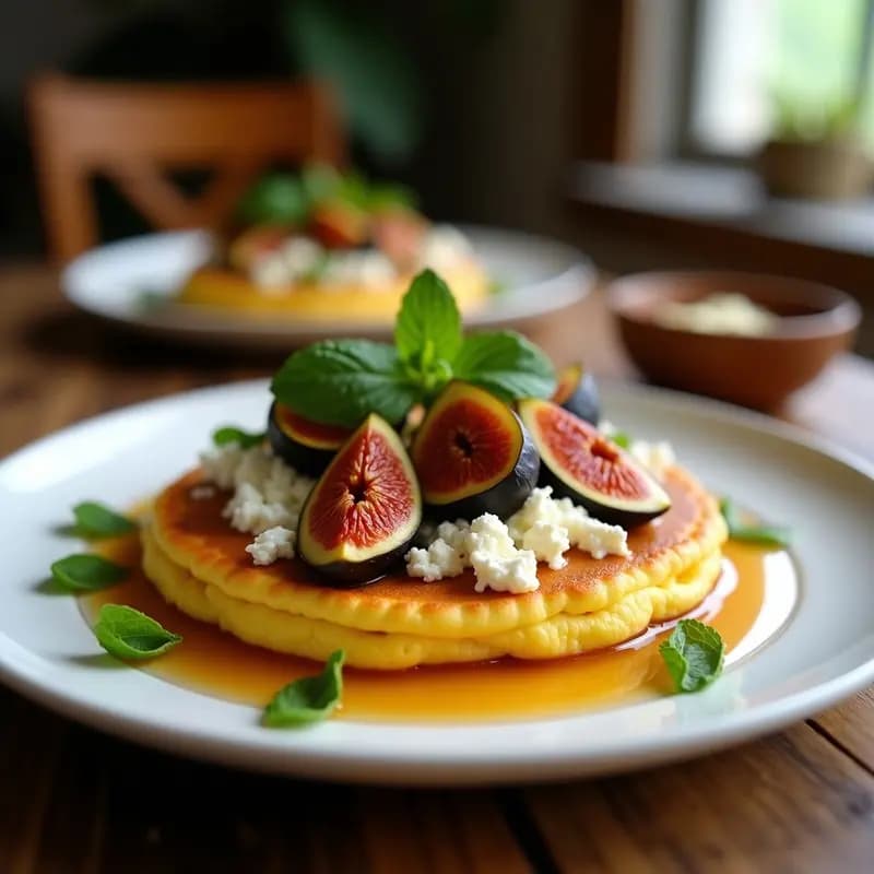 Arepa dorada de maíz tierno rellena de queso de cabra desmenuzado y higos caramelizados, decorada con hojas de menta fresca en un plato de cerámica blanca sobre fondo rústico de madera.