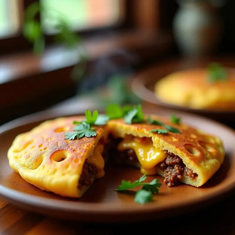 Arepa dorada y crujiente de maíz trigo rellena de queso de pasta derretido y carne desmechada, servida en plato rústico con hojas de cilantro fresco. Receta colombiana en Airfryer, alta en proteína.