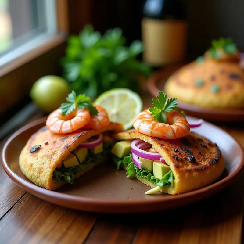 Arepa de maíz violetta dorada y crujiente abierta por la mitad, rellena de aguacate cremoso y camarones al ajo con trozos de cebolla morada y cilantro fresco, servida en plato blanco rústico sobre fondo de madera oscura.