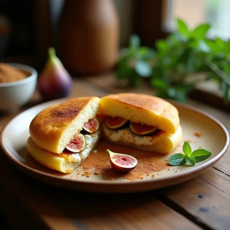 Arepa venezolana dorada de masarepa abierta por la mitad, rellena de láminas de queso de cabra derretido y higos frescos en almíbar de romero, sobre un plato de cerámica blanca con fondo rústico.