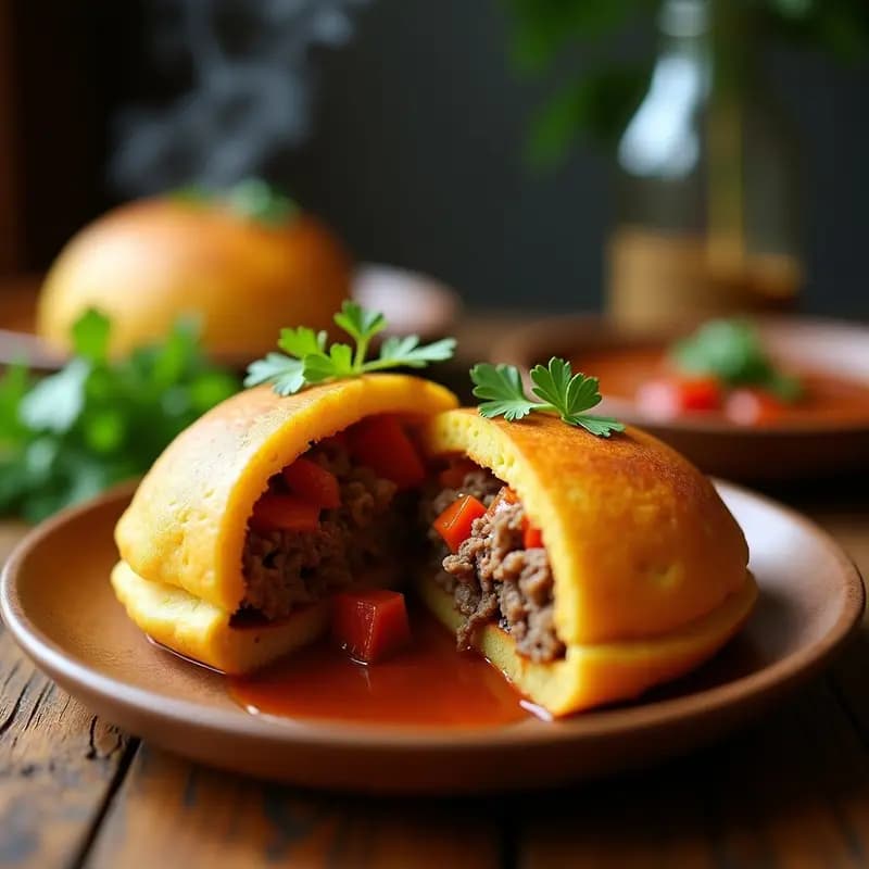 Arepa dorada y crujiente de ñame rallado rellena de brafi de res jugoso, servida en plato de madera rústico con cilantro fresco. Receta venezolana sin harina de maíz.
