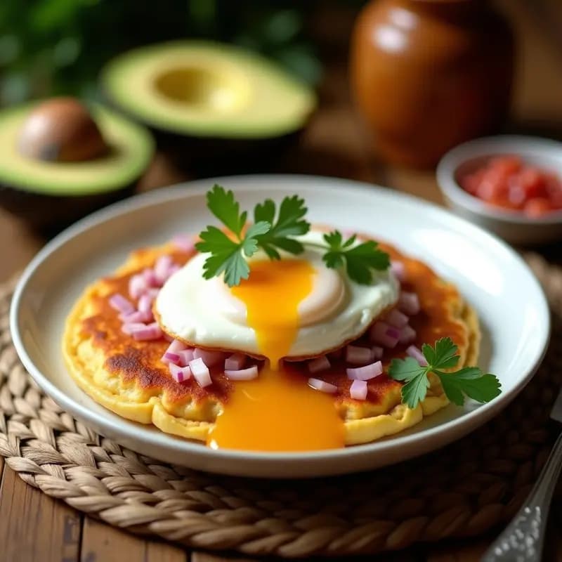 Arepa dorada de ñame y carita con huevo pochado encima, decorada con cebolla morada y cilantro fresco. Plato de desayuno colombiano sin gluten, servido sobre un mantel rústico con aguacate al lado.