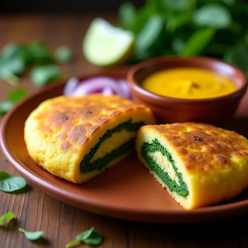 Arepa dorada de ñame y espinacas cortada por la mitad, mostrando su interior verde claro, acompañada de una salsa amarilla vibrante de ají amarillo en un plato rústico de barro. Receta colombiana vegana sin gluten.