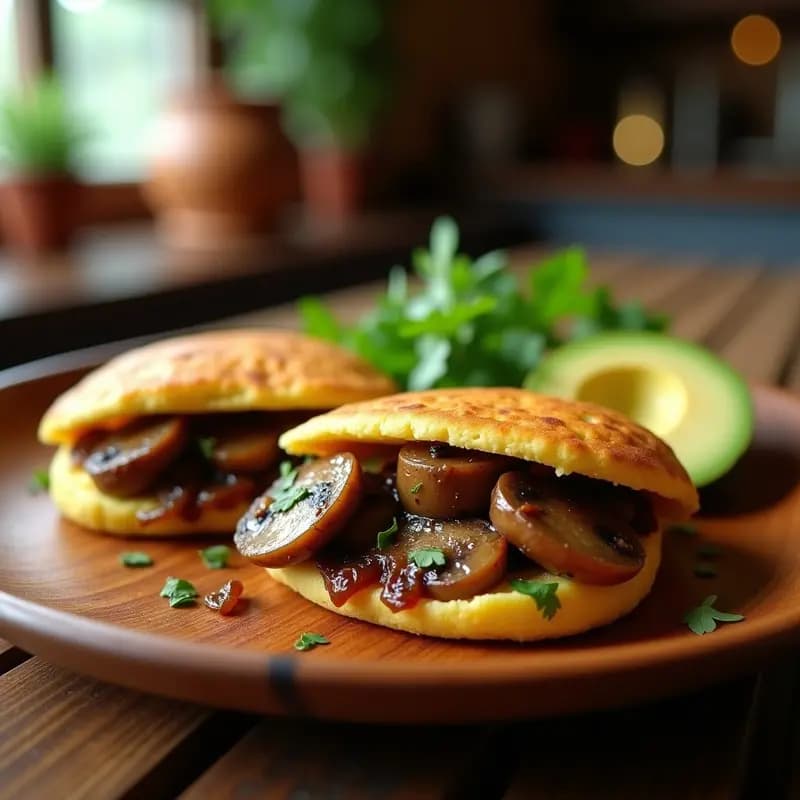 Arepa dorada de ñame y espinacas cortada por la mitad, rellena de champiñones portobello salteados con cebolla morada y ajo, sobre un plato de madera rústico con fondo borroso de cocina colombiana.