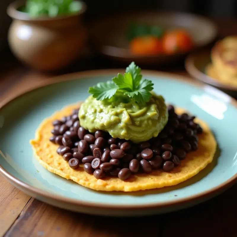 Arepa de ñame dorada abierta por la mitad, rellena de guacamole cremoso y frijoles negros especiados, servida en un plato rústico con cilantro fresco y rodajas de limón al lado. Receta colombiana sin gluten.