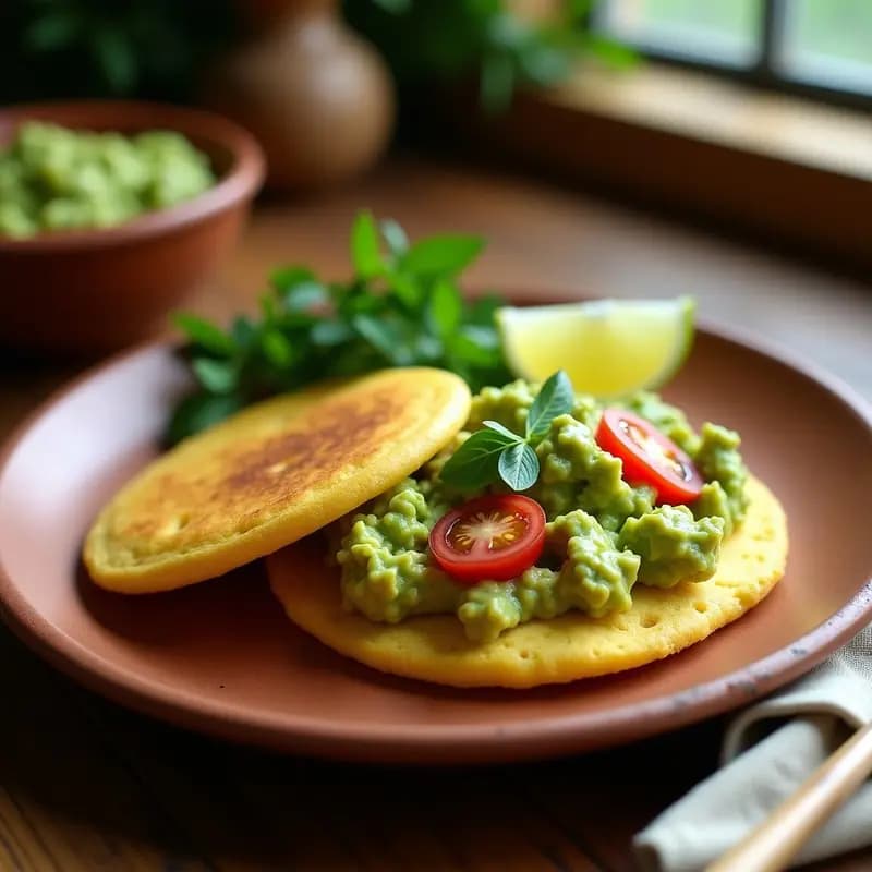 Arepa dorada de ñame y hierbas frescas con guacamole cremoso, desayuno colombiano sin gluten y vegano, servida en plato rústico con decoración de cilantro.