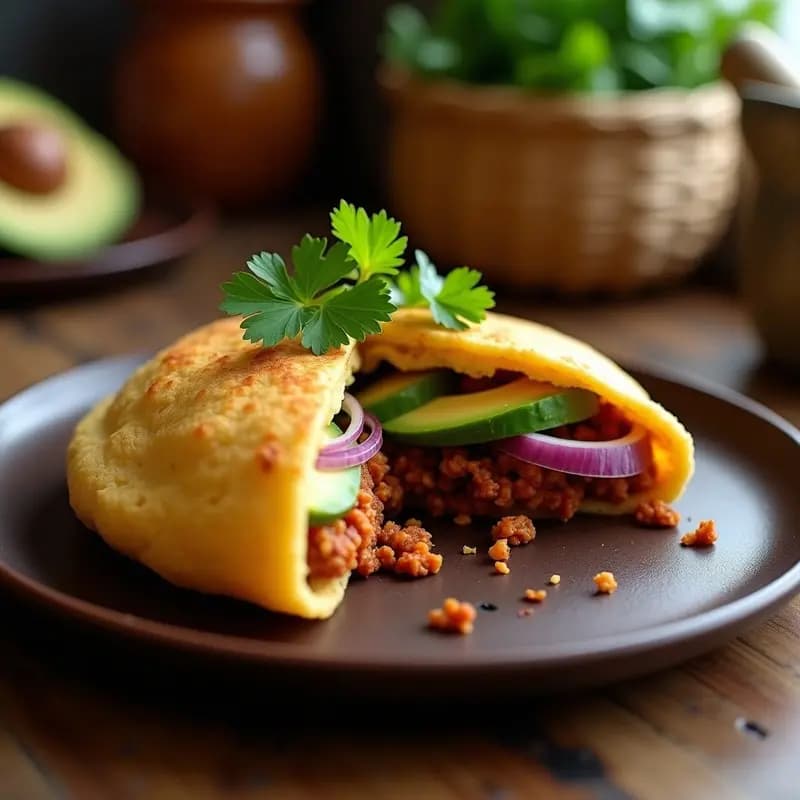 Arepa dorada de ñame abierta por la mitad, rellena de longaniza vegana de seitán especiada y cremoso aguacate con cebolla morada y cilantro, sobre un plato de madera rústica con fondo de cocina tradicional.