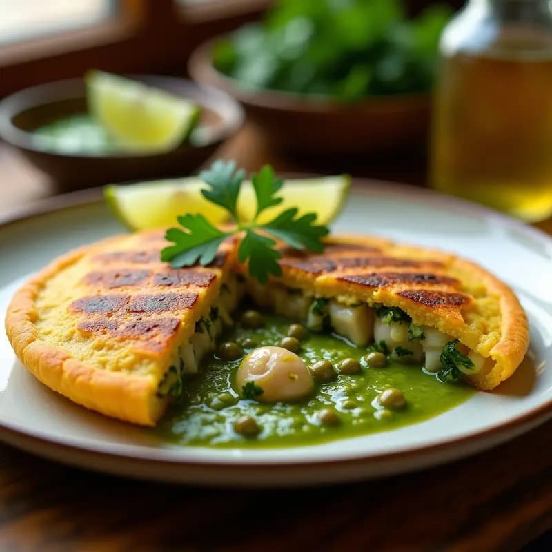 Arepa de ñame dorada y crujiente rellena de pescado en salsa verde, servida en un plato blanco con rodajas de limón y perejil fresco. Receta colombiana sin gluten ideal para tupper.
