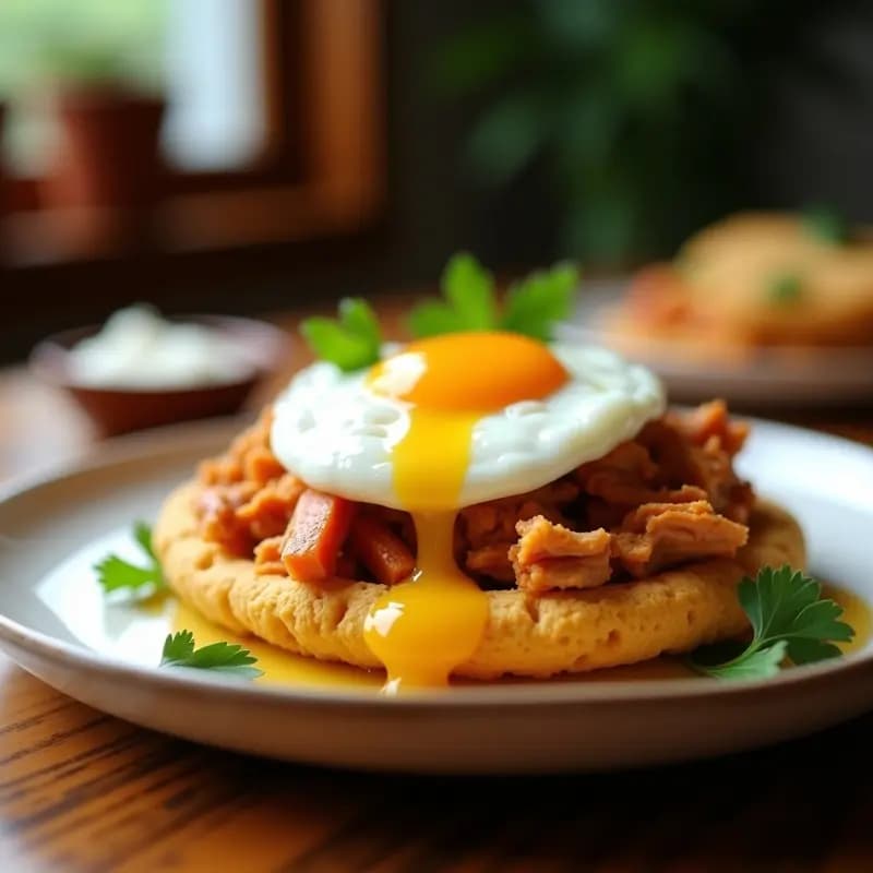 Arepa de ñame dorada y crujiente rellena de pollo desmenuzado jugoso y huevo pochado con yema líquida, servida en un plato rústico con aguacate en trozos. Receta venezolana sin harina en airfryer.