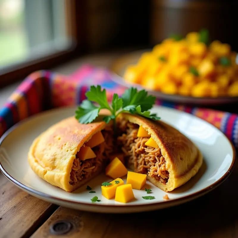 Arepa de ñame y semillas de lino dorada rellena de pull jack desmenuzado y mango en cubos, acompañada de cilantro fresco, receta colombiana vegana en 30 minutos.