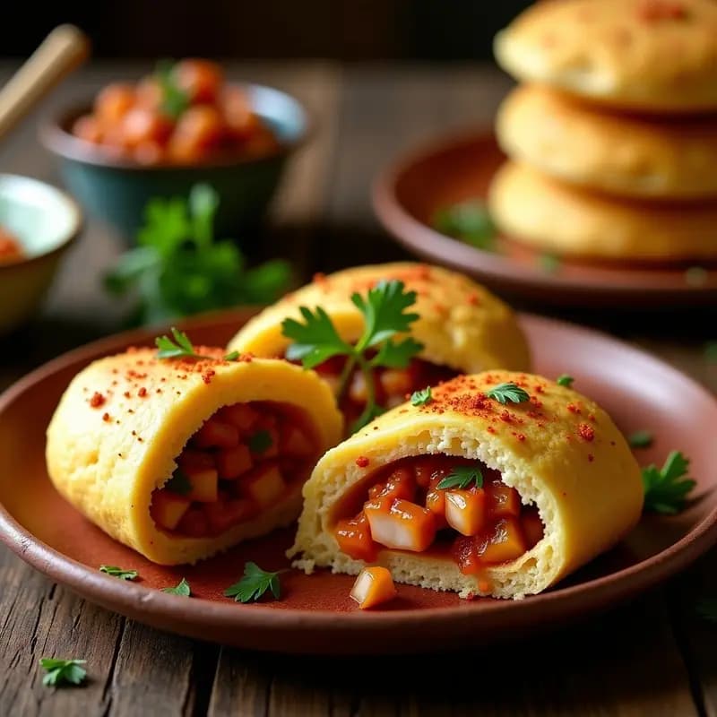 Arepa dorada de ñame rellena de pulpo a la gallega, con trozos de pulpo jugoso y especiado, perejil fresco y cebolla morada, servida en plato rústico de barro con fondo de madera oscura.