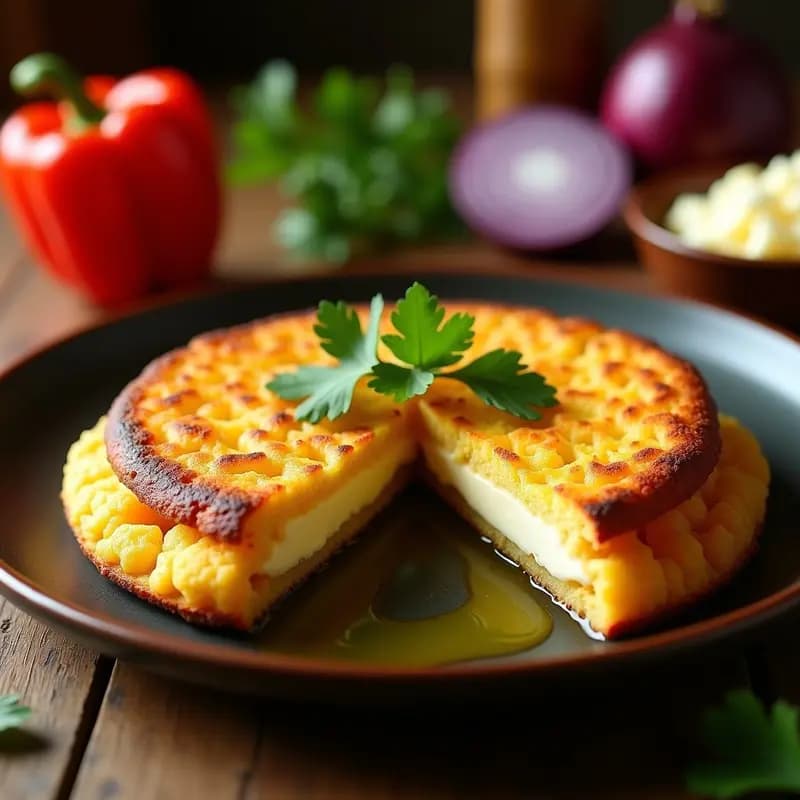 Arepa dorada y crujiente de ñame rallado rellena de queso cremoso de anacardos, acompañada de hogao colombiano con cebolla morada, tomate y cilantro fresco. Plato sin gluten con textura terrosa y aroma a especias.