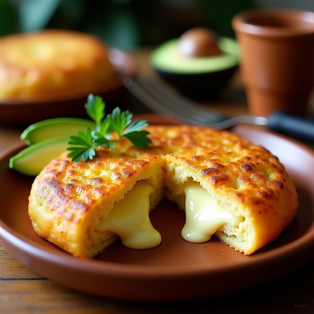 Arepa dorada de ñame y queso de cabra sobre plato de barro rústico, con trozos de queso fundido asomando por los bordes, acompañada de rodajas de aguacate y hojas de cilantro fresco. Desayuno venezolano sin harina.