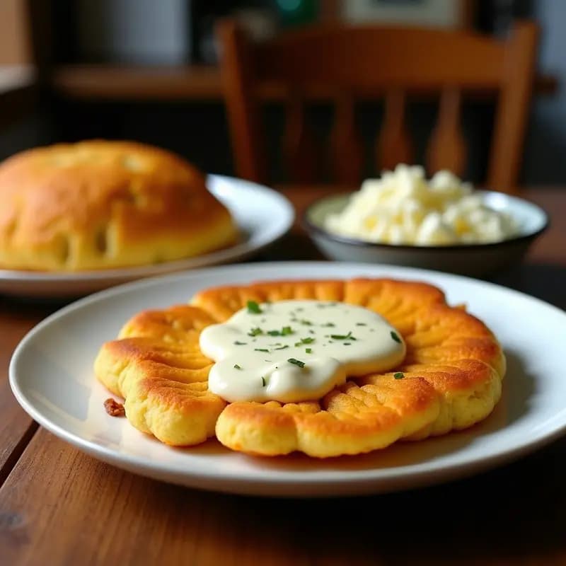 Arepa de ñame rellena de queso de coco, receta colombiana sin lácteos, servida en plato blanco con cilantro fresco y rodajas de aguacate al lado.