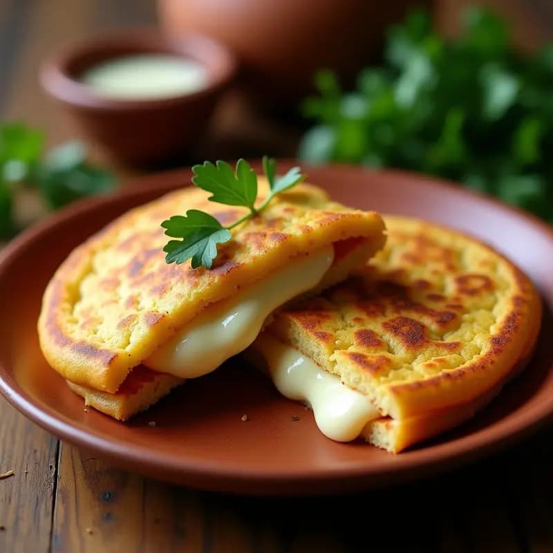 Arepa dorada y crujiente de ñame morado cortada por la mitad, mostrando su relleno derretido de queso de oveja. Acompañada de perejil fresco y servida sobre un plato de barro rústico, con fondo de cocina tradicional colombiana.