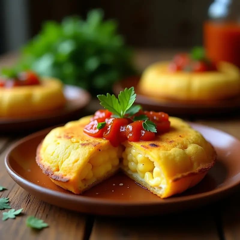 Arepa dorada y crujiente de ñame rellena de queso vegano de anacardo, servida en plato de barro con hogao espeso de tomate y cebolla, decorada con cilantro fresco y un hilo de aceite de oliva. Receta colombiana sin gluten.