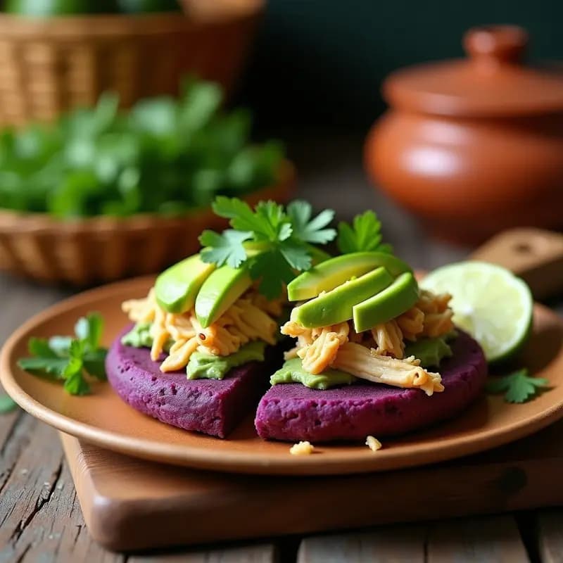 Arepa de ñame morado rellena de pollo desmenuzado con cilantro y trozos de aguacate hass, sobre un plato de madera rústico con fondos de cocina colombiana tradicional.