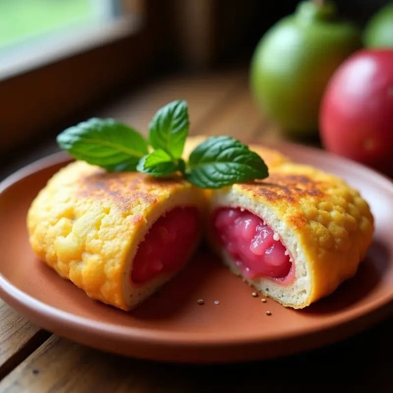 Arepa dorada de ñame y semillas de chía abierta por la mitad, rellena de pulpa de guayaba de color rosado intenso, servida en un plato de barro con hojas de menta al lado, desayuno colombiano sin harina.