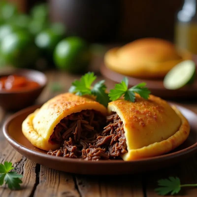 Arepa de ñame dorada y crujiente rellena de shredded beef jugoso, servida en un plato de madera con hojas de cilantro fresco y rodajas de naranja agria al lado. Receta colombiana alta en proteína.