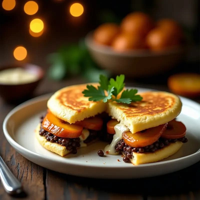 Arepa dorada rellena de pabello de lentejas negras, plátano maduro caramelizado y queso de búfala fundido, servida en plato blanco rústico con cilantro fresco.