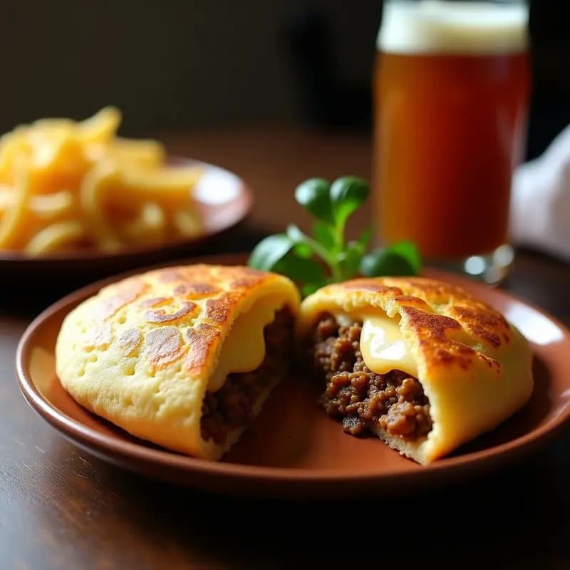 Arepa venezolana dorada y crujiente abierta por la mitad, rellena de carne mechada jugosa (pabello) y láminas de queso Guildford derretido, servida en un plato rústico de barro con fondo de madera oscura.
